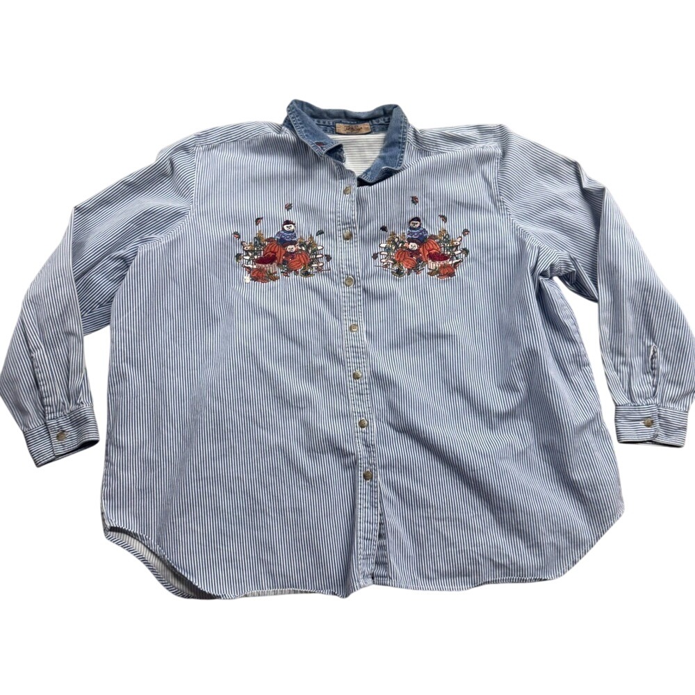 Just My Size Denim Pinstripe Denim Embroidered Long Sleeve Top Y2k Vtg Western